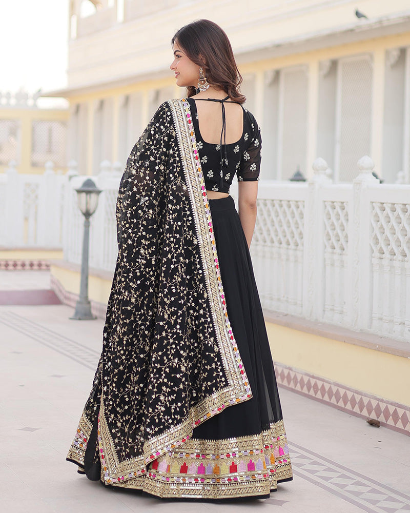 Womenline Black Color Georgette Sequence Embroidered Lehenga Choli