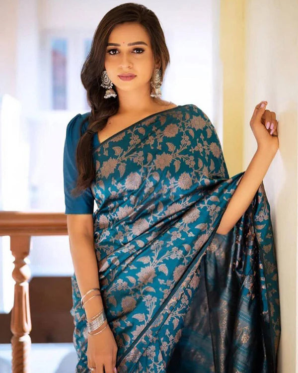 Womenline Rama Color Banarasi Jacquard Soft Silk Saree