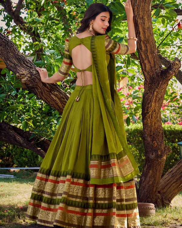 Womenline Mehndi Color Pure Chanderi Plain Half Saree