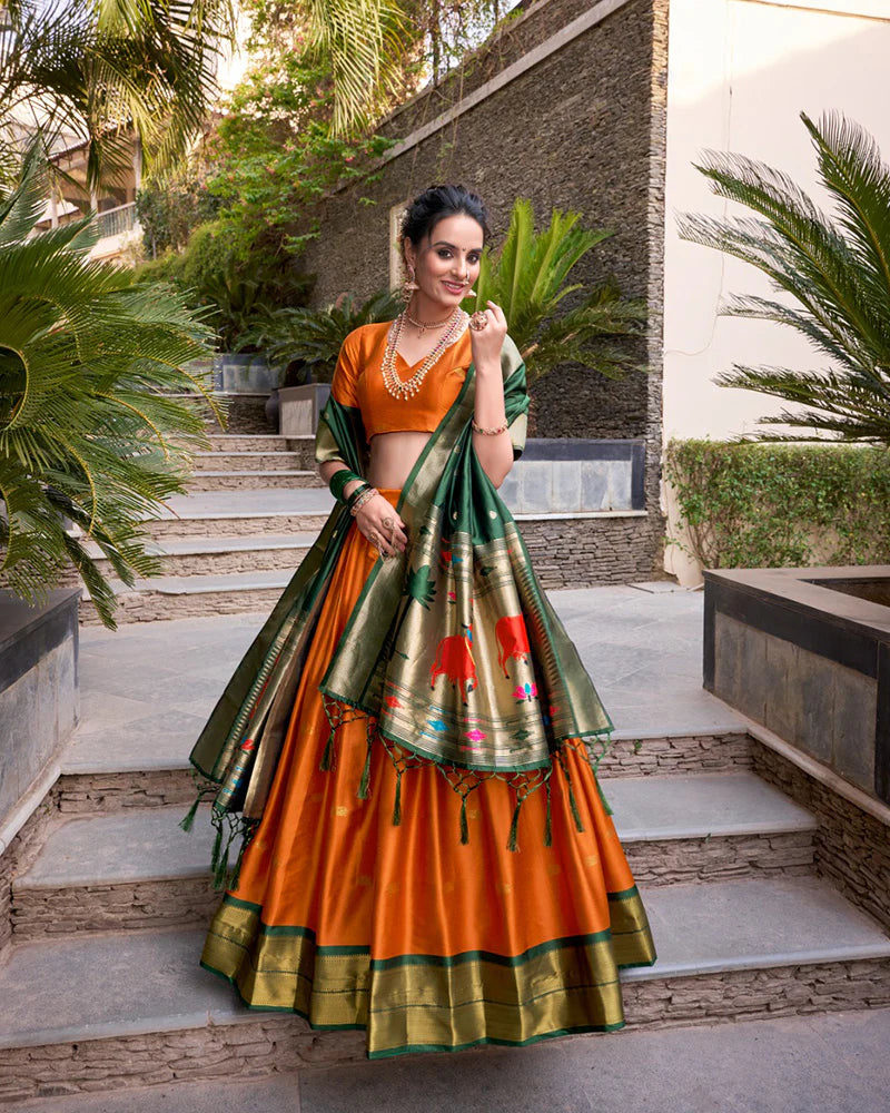 Womenline Orange Color Jacquard Silk Zari Weaving Work Lehenga Choli