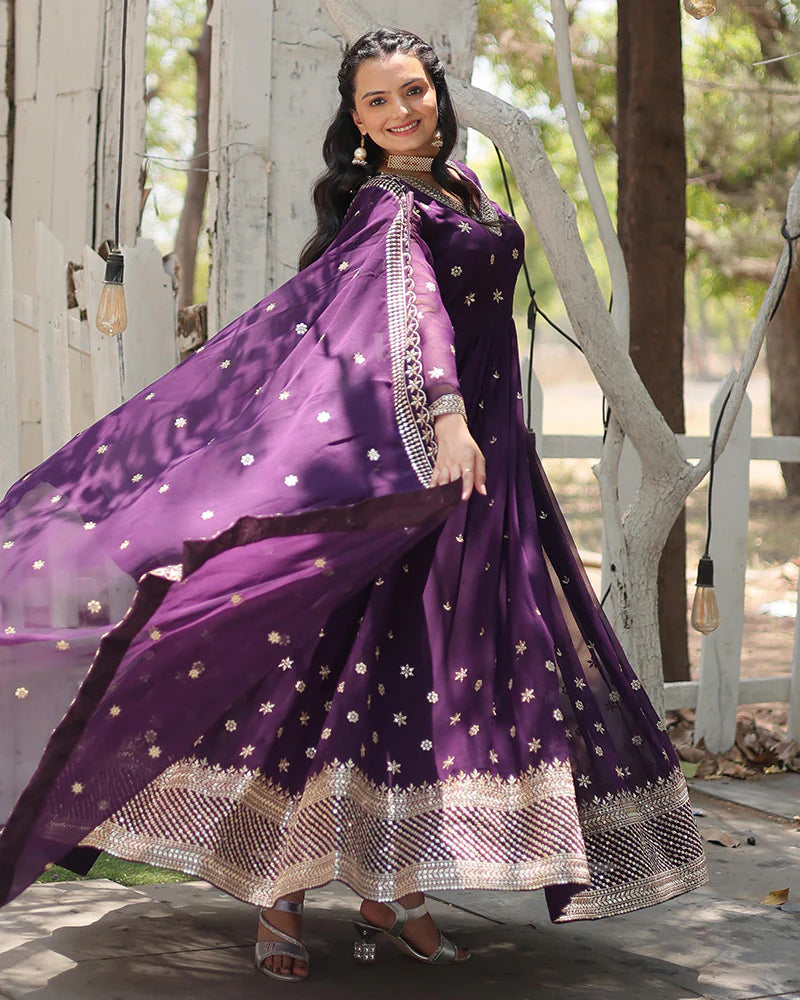 Womenline Designer Purple Color Faux Blooming Embroidered Gown