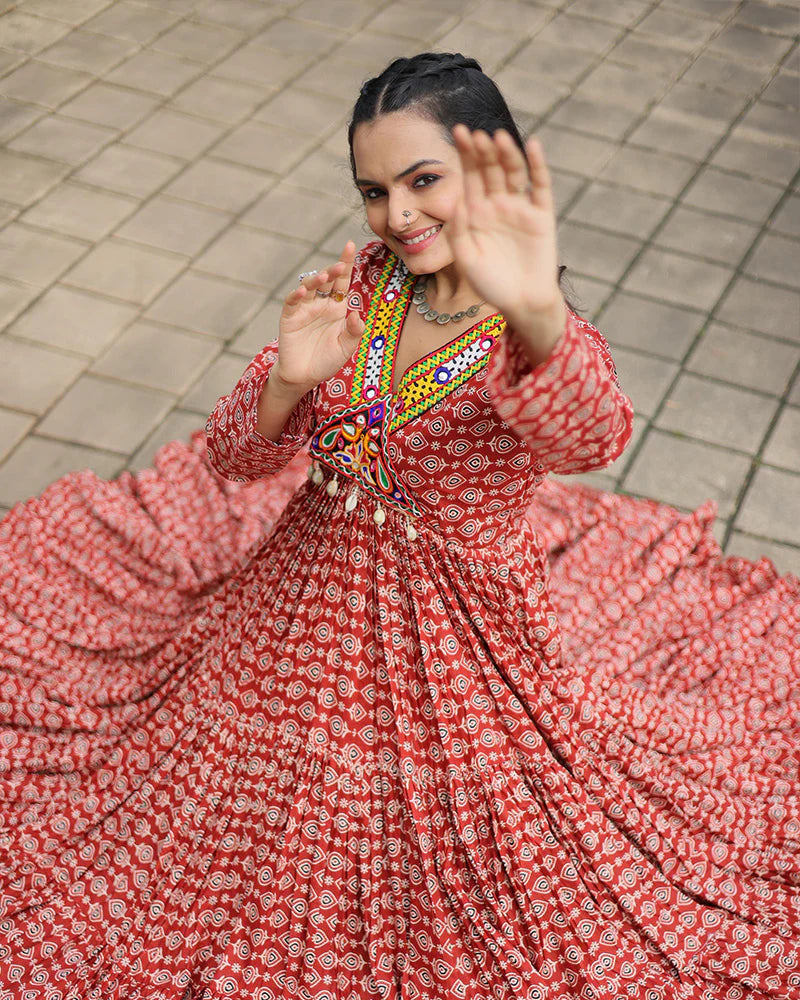 Womenline Maroon Color Cotton Gamthi Work Navratri Gown