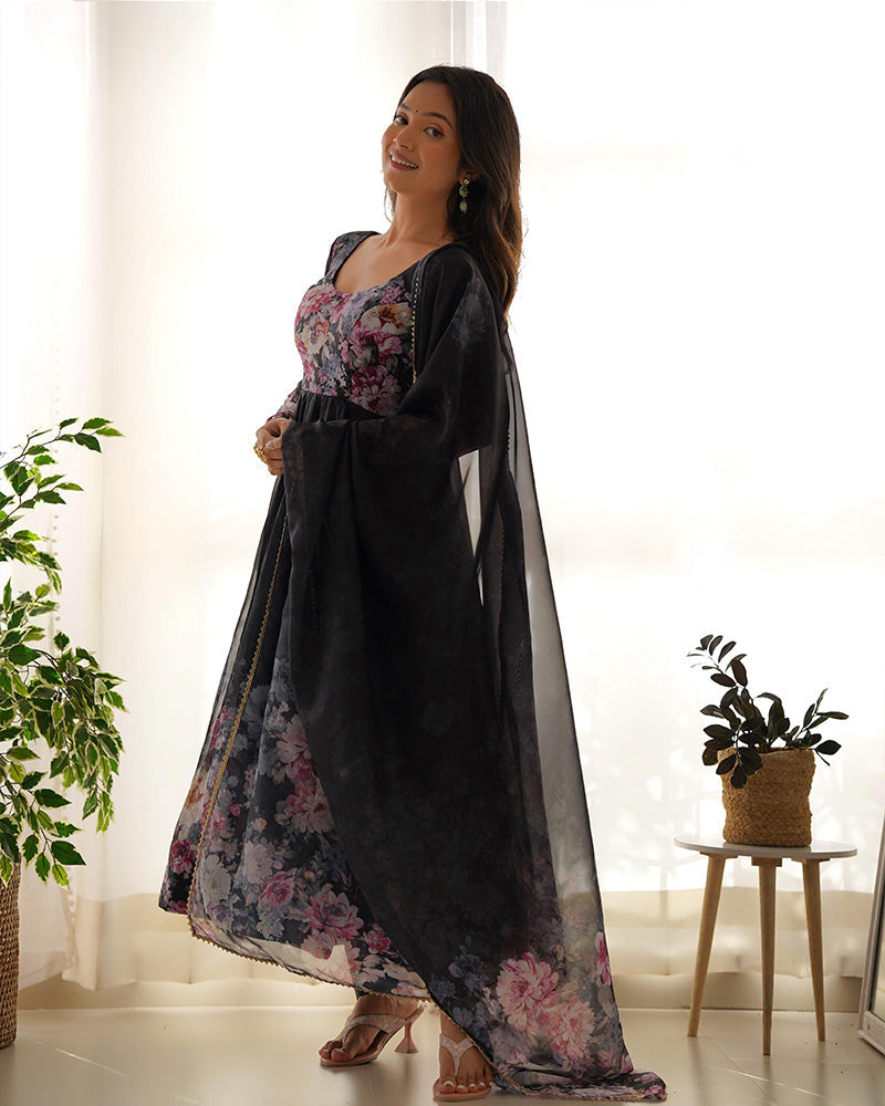 Womenline Black Color Floral Print Organza Three Piece Anarkali Suit