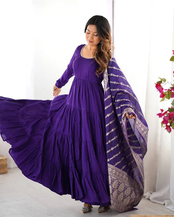 Womenline Purple Color Pure Roman Silk Ruffle Style Anarkali Suit