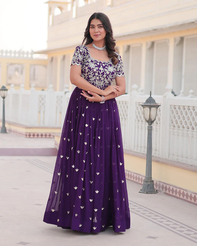 Womenline Purple Color Faux Blooming Sequins Embroidered Anarkali Gown