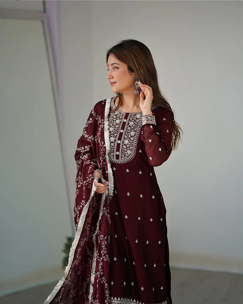 Womenline Maroon Color Rangoli Silk Three Piece Kurti Suit