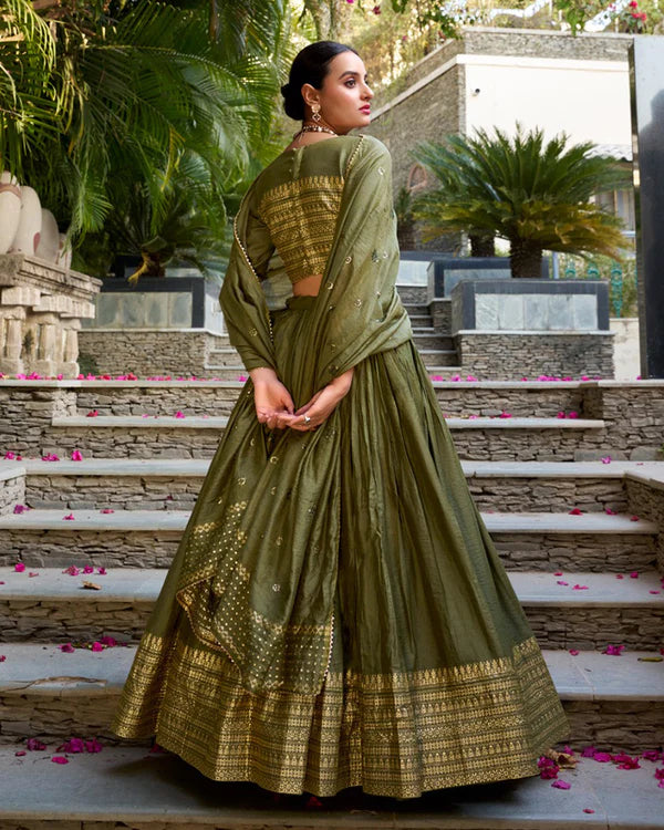 Womenline Mehndi Color Pure Chanderi Plain Navratri Half Saree
