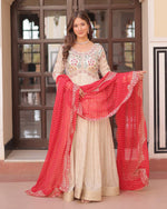 Womenline Off-White Color Jacquard Gown With Red Dupatta