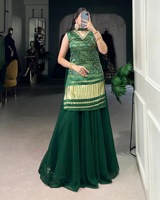 Womenline Green Color Gaji Silk Three Piece Plazo Suit