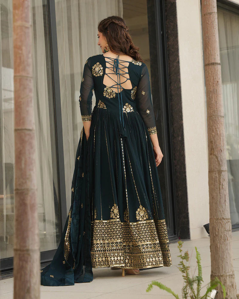 Womenline Deep Teal Green Color Designer Golden Embroidered Gown