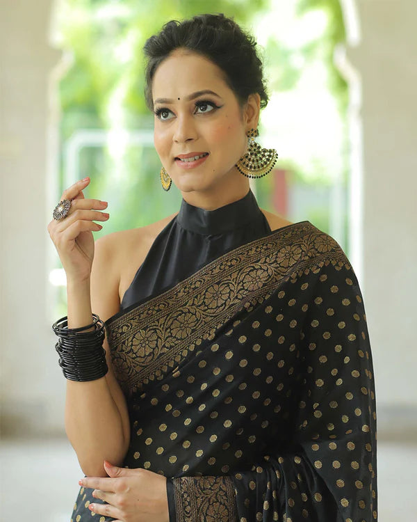Womenline Black Color Banarasi Jacquard Soft Silk Saree