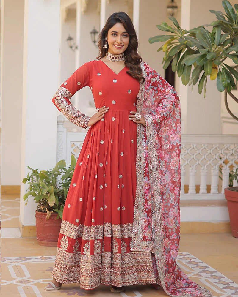 Womenline Red Color Faux Georgette Designer Gown With Dupatta
