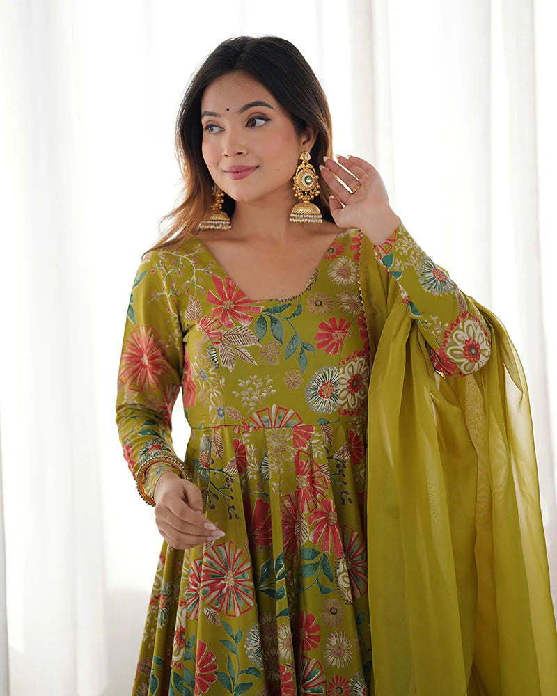 Womenline Mehndi Color Roman Silk Discharge Printed Plazzo Suit