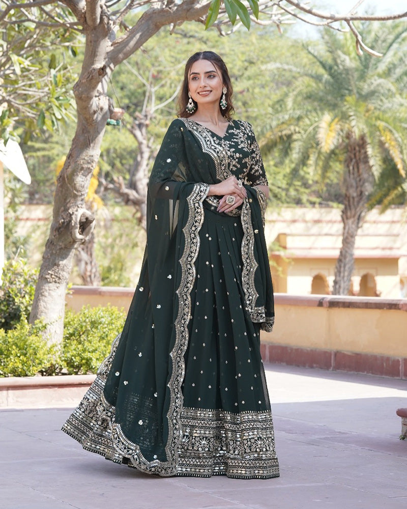 Womenline Wedding Wear Dark Green Color Designer Blooming Semi stitched Lehenga Choli
