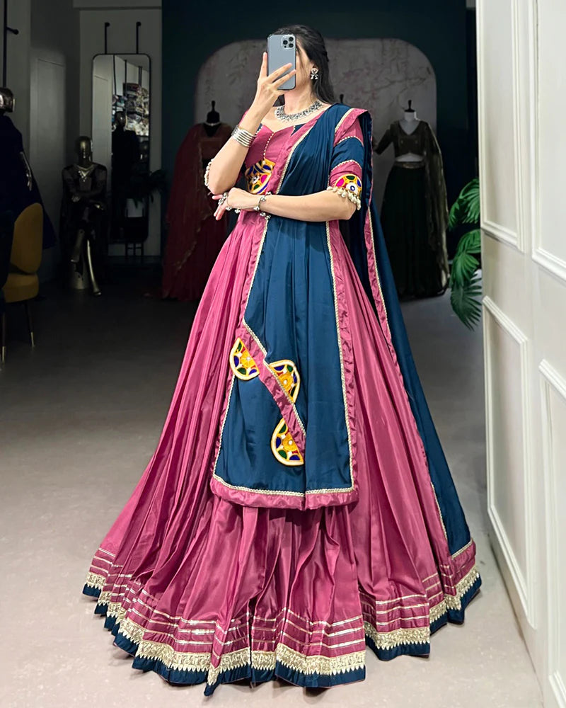 Womenline Graceful Pink And Navy Blue Silk Crape Lehenga Choli With Elegant Dupatta