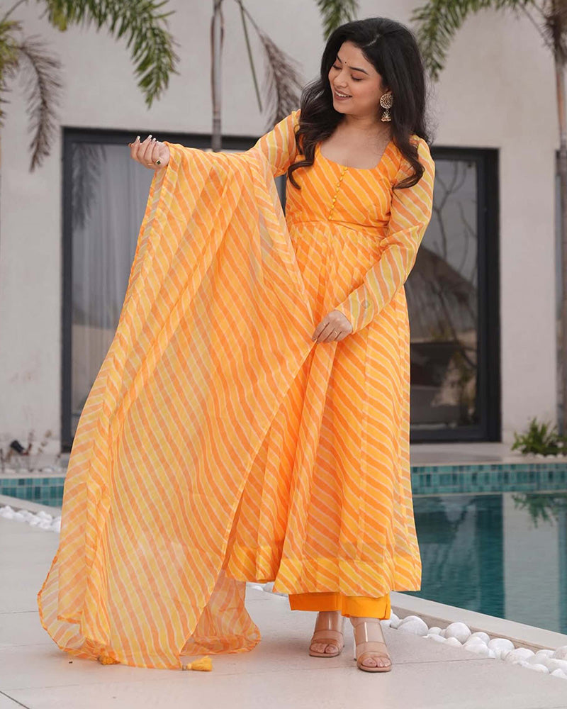 Womenline Yellow Color Laheriya Print Tabby Organza Anarkali Suit