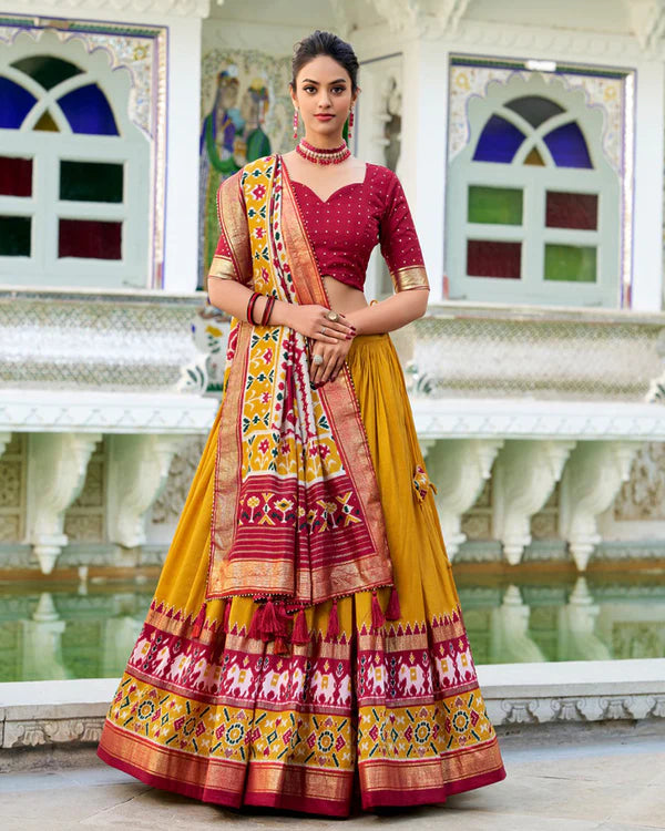 Womenline Mustard Color Tussar Silk Patola Printed Half Saree