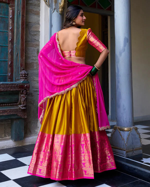 Womenline Mustard Color Narayan Pattu Silk Designer Half Saree