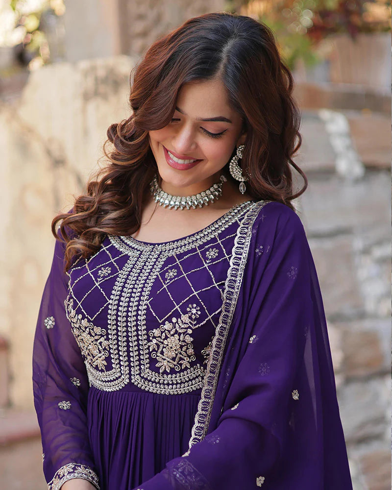 Womenline Purple Color Faux Blooming Embroidered Gown With Dupatta