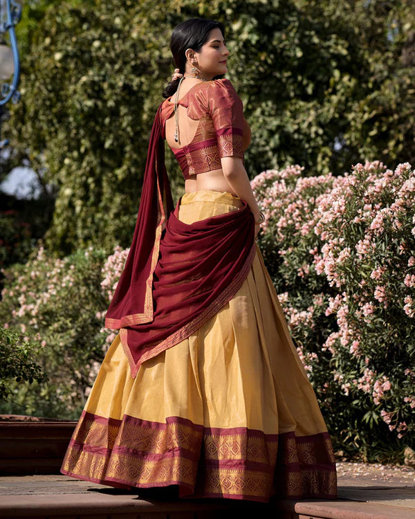 Womenline Cream Color Kanchipuram Silk Designer Half Saree