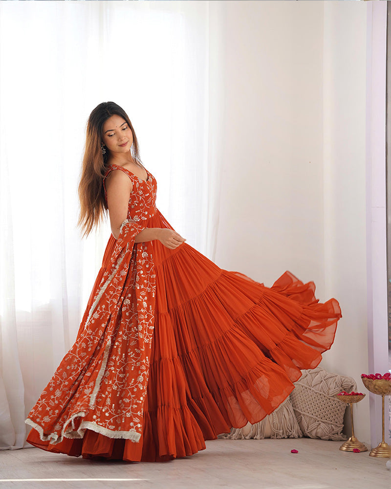 Womenline Orange Color Georgette Five Layer Ruffle Style Anarkali Suit