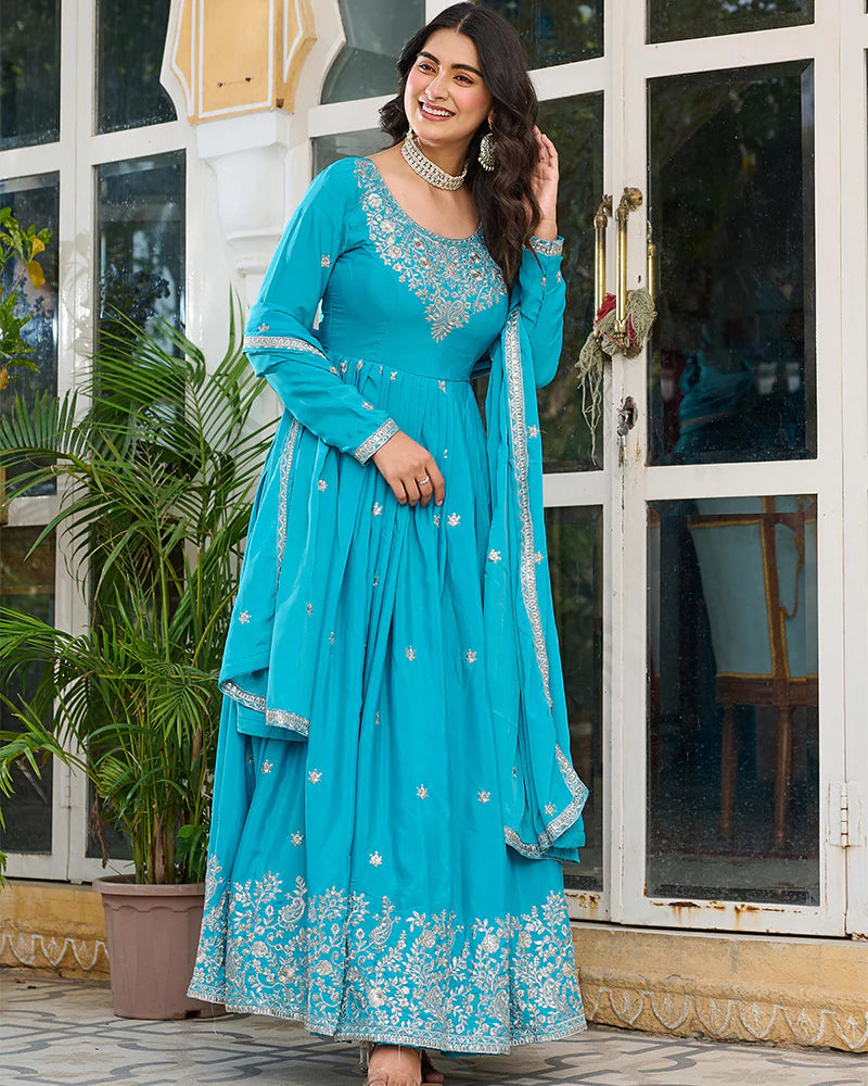 Womenline Sky Blue Color American Silk Thred with Sequnce work Gown