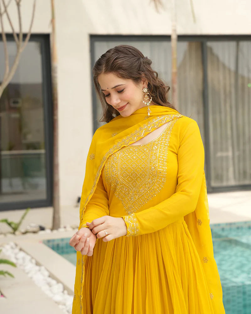 Womenline Yellow Color Faux Blooming Embroidered Gown