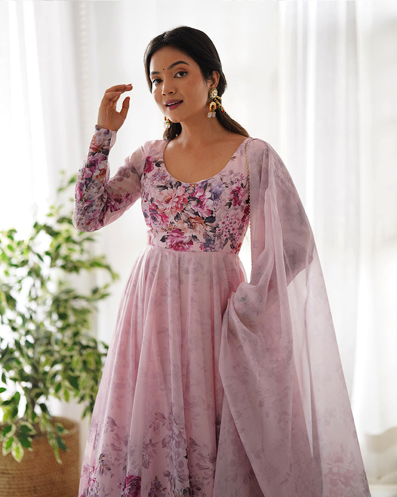 Womenline Baby Pink Color Floral Print Organza Three Piece Anarkali Suit
