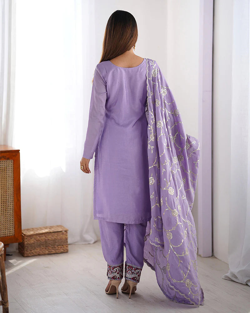 Womenline Light Purple Color Chinon Silk Three Piece Kurti Suit