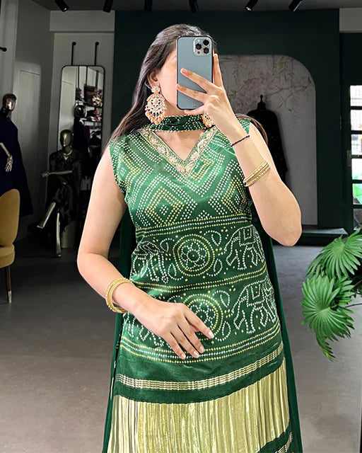Womenline Green Color Gaji Silk Three Piece Plazo Suit