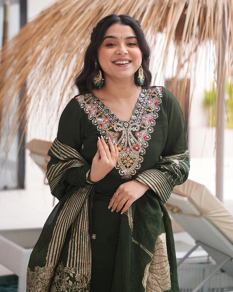Womenline Green Color Roman Silk Embroidered Three Piece Kurti Suit