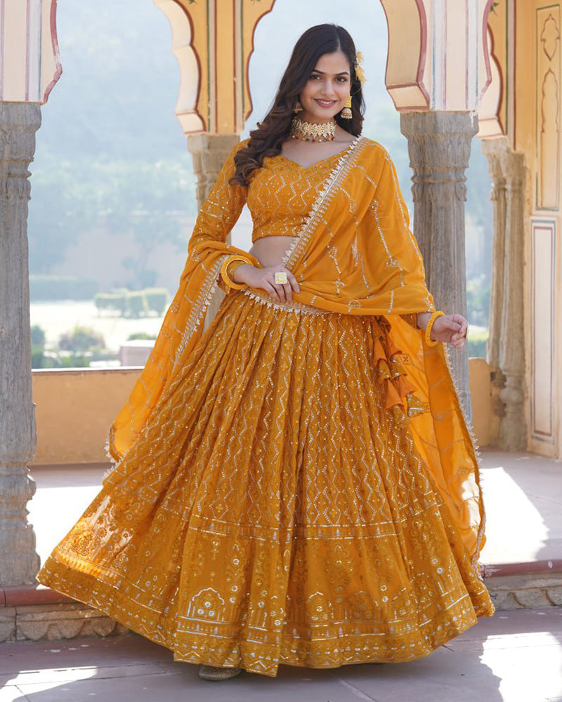 Womenline Yellow Color Georgette Heavy Embroidery Threaded Semi Stitched Lehenga Choli