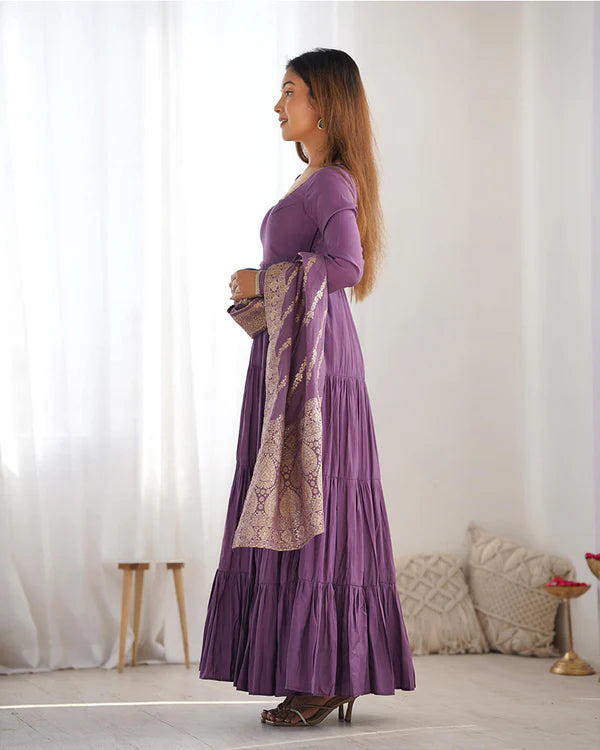 Womenline Dusty Purple Color Pure Roman Silk Ruffle Style Anarkali Suit