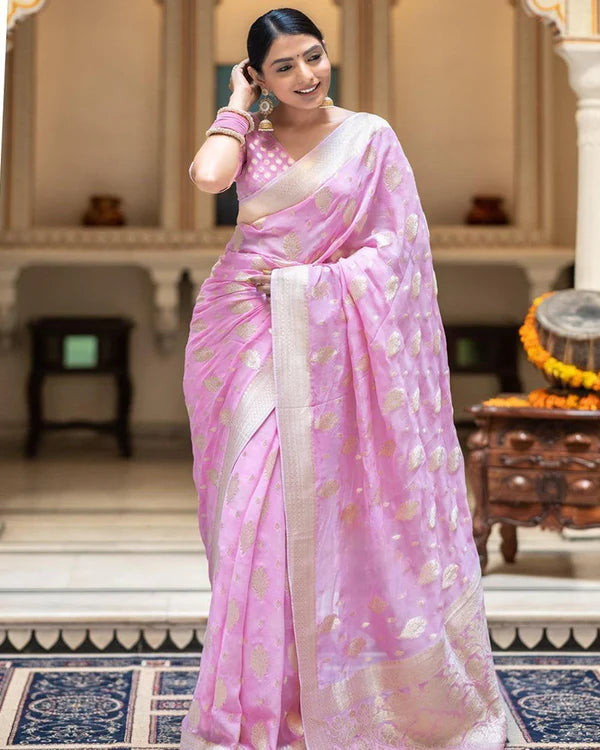 Womenline Baby Pink Color Banarasi All over Jacquard Soft Silk Saree