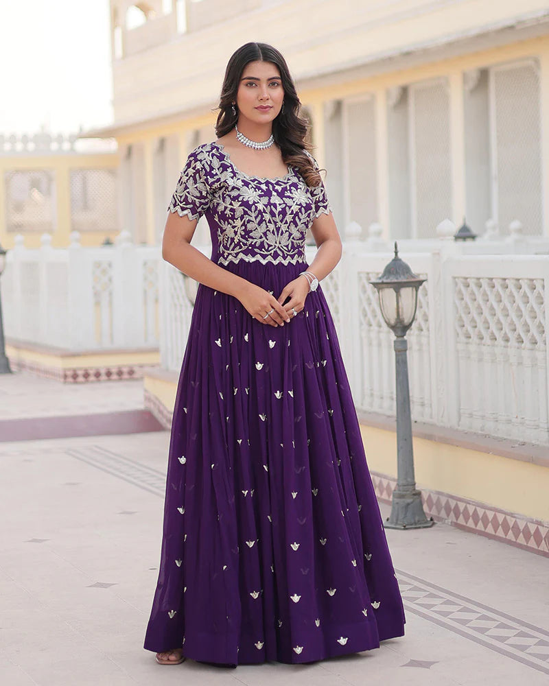 Womenline Purple Color Faux Blooming Sequins Embroidered Anarkali Gown