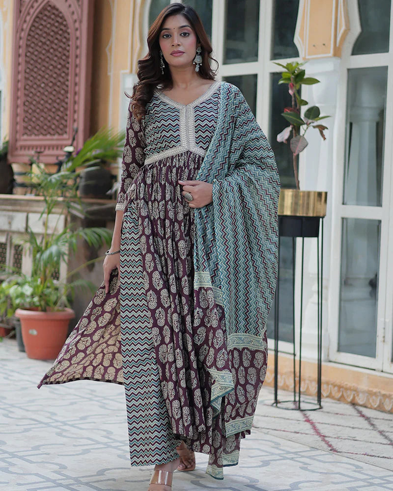 Womenline Coffee Brown Color Printed Pure Cotton Three Piece Kurti Suit