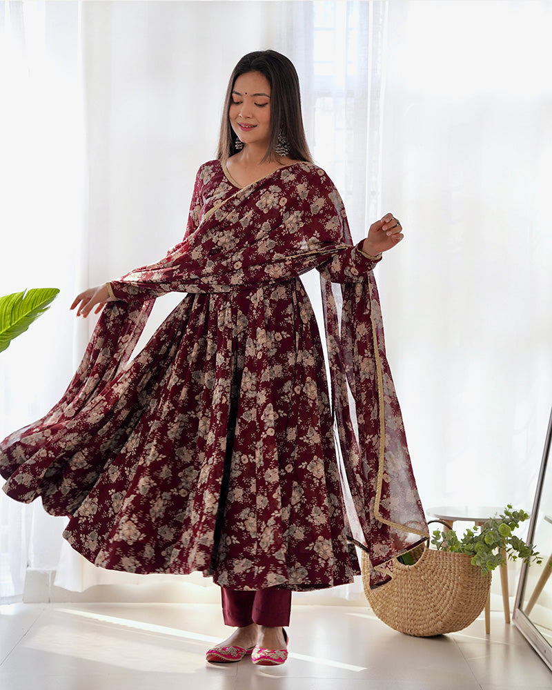 Womenline Dark Maroon Color Georgette Three Piece Anarkali Suit