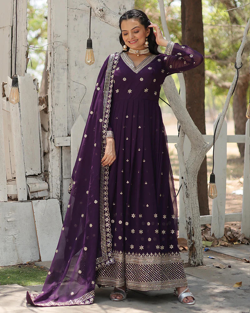 Womenline Designer Purple Color Faux Blooming Embroidered Gown