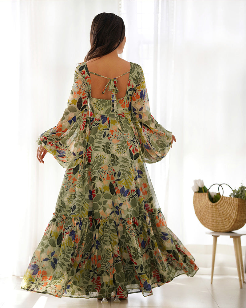 Womenline Maxi Style Pista Color Faux Georgette Gown With Balloon Sleeves