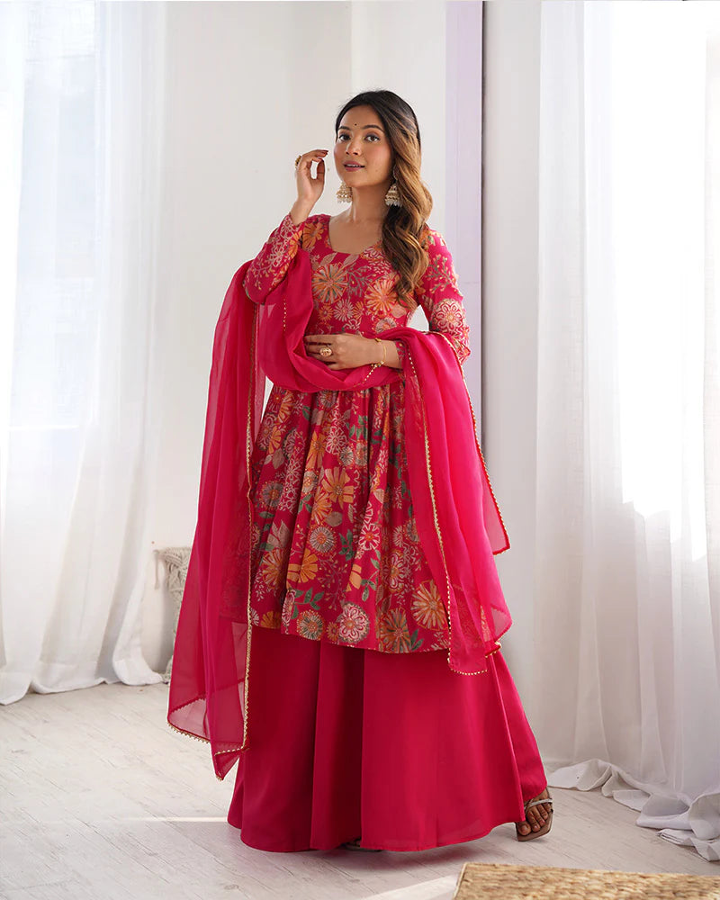 Womenline Rani Pink Color Roman Silk Discharge Printed Plazzo Suit