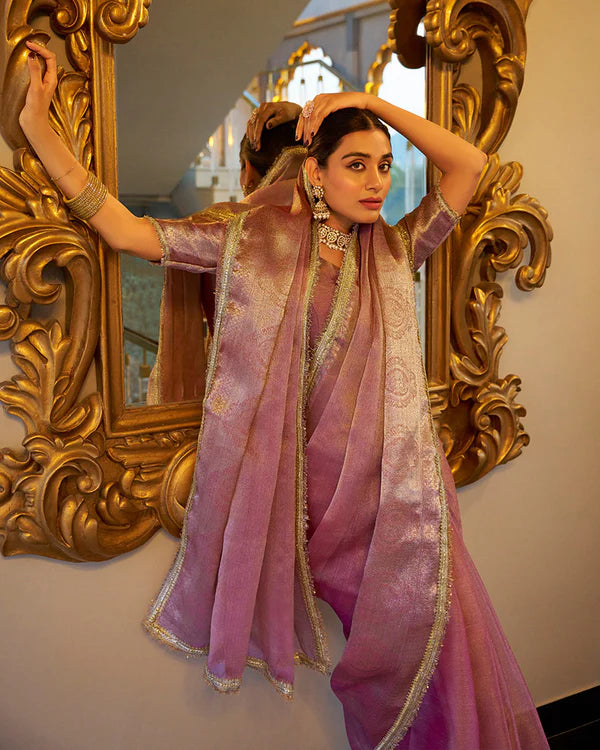 Womenline Light Pink Color Weightless Tissue Shimmer Saree