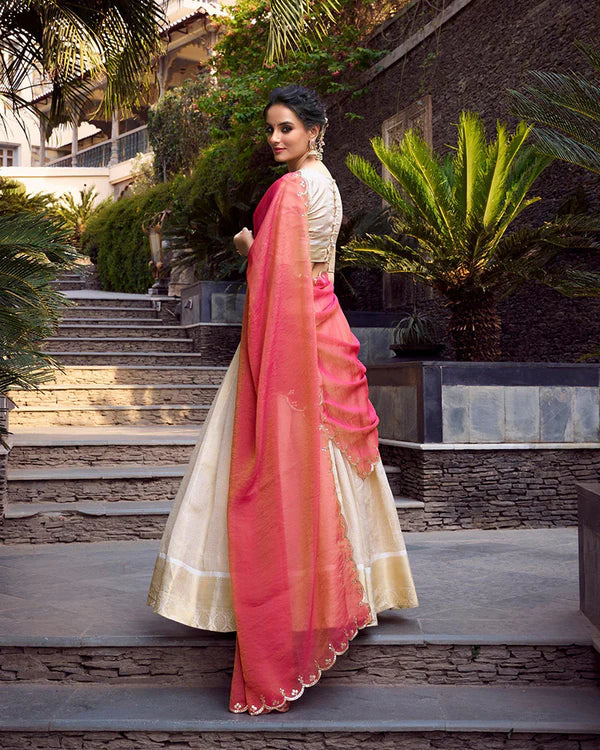 Womenline Off-White Color Jacquard Chex Half Saree