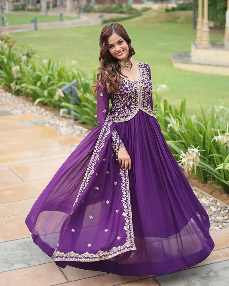 Womenline Purple Color Faux Blooming Multi Embroidered Work Gown