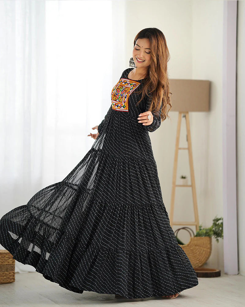 Womenline Black Color Georgette Laheriya Print Navratri Gown