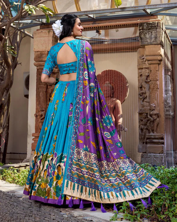 Womenline Firozi Color Tussar Silk Kalamkari Printed Half Saree