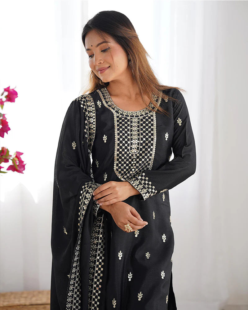 Womenline Black Color Chinon Silk Three Piece Kurti Suit