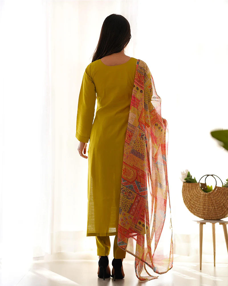 Womenline Yellow Color Viscose Ready To wear Three Piece Kurti Suit