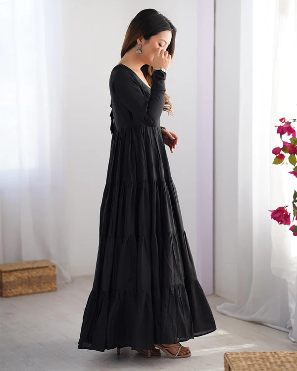 Womenline Black Color Pure Roman Silk Ruffle Style Anarkali Suit