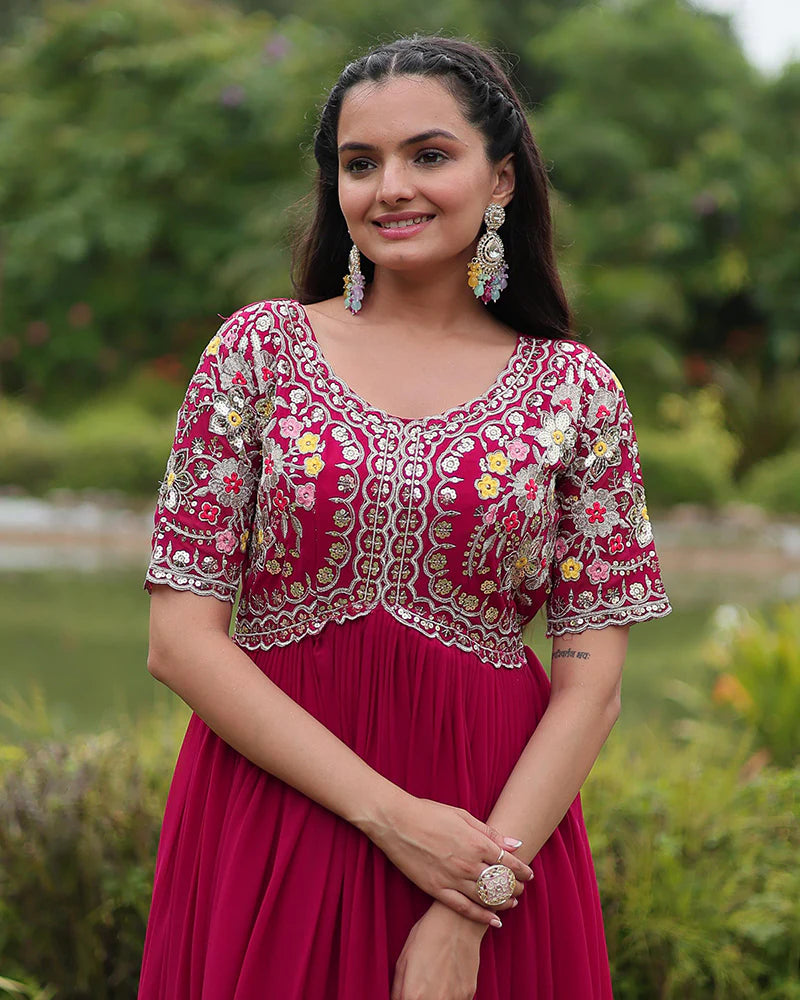 Womenline Rani Pink Color Faux Blooming Embroidered Gown