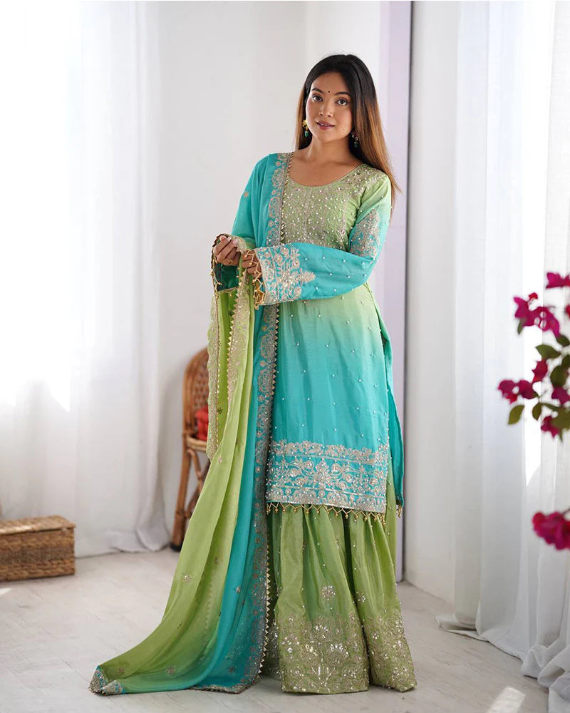 Womenline Pista Green Color Chinnon Sequence Work Plazzo Suit